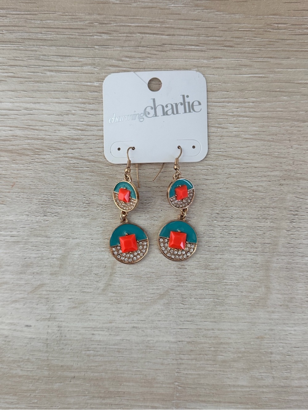 Charming Charlie Coral & Teal Dangle Earrings with Gold Accents